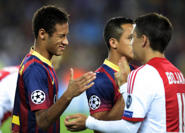 Neymar greeting Bojan at the Camp Nou, in Barcelona vs Ajax