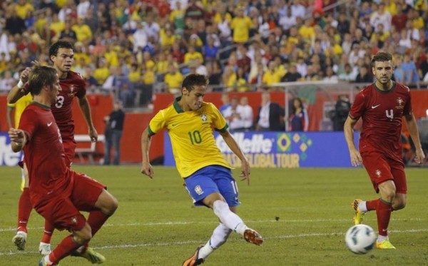 Neymar scoring a goal, in Brazil vs Portugal