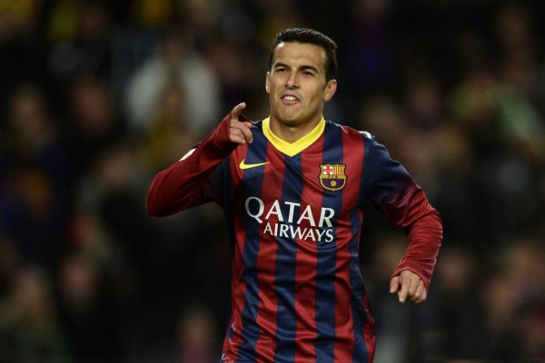 Pedro celebrating his most recent goal for Barcelona in 2013-2014