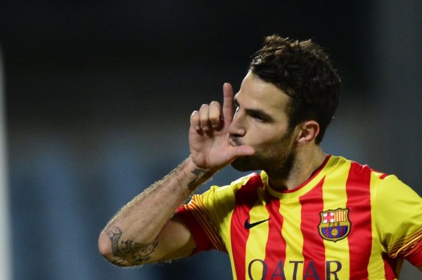 Cesc Fabregas kissing his own hand, after scoring for Barcelona
