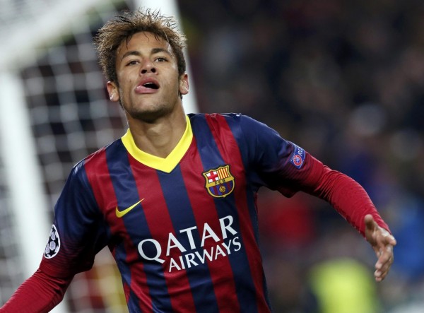 Neymar biting his tongue, after scoring for Barcelona