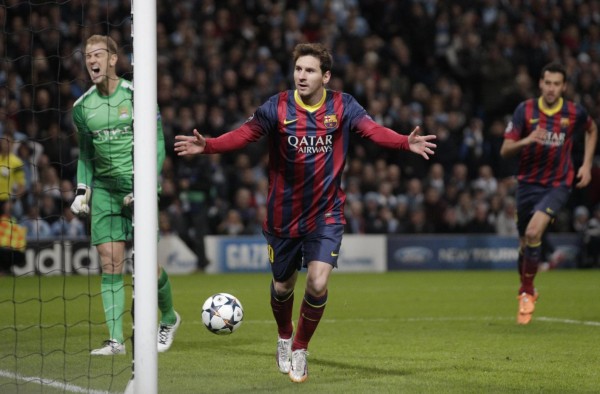 Lionel Messi scores against Manchester City
