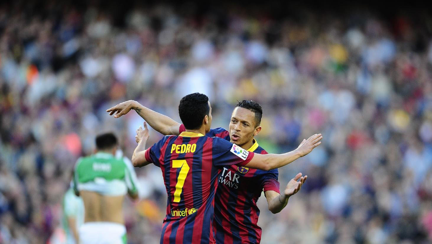 Pedro and Adriano celebrating Barcelona goal
