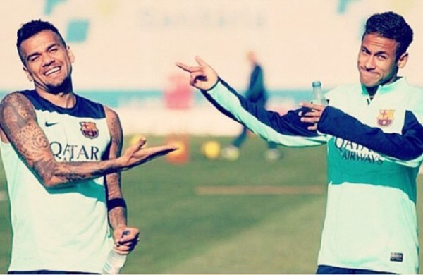 Daniel Alves and Neymar fooling around in training