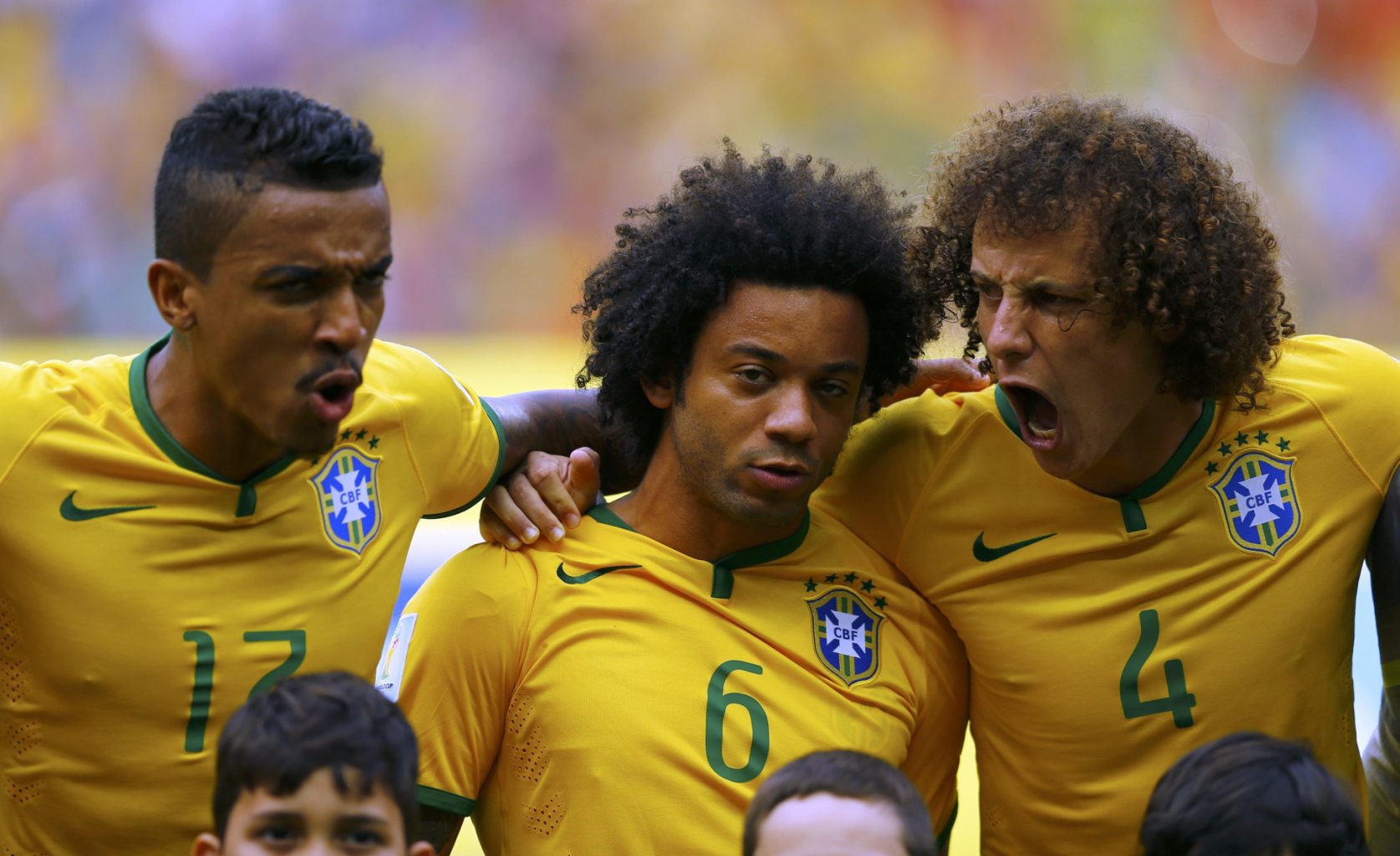 David Luiz all pumped up during the Brazilian National Anthem at the FIFA World Cup 2014
