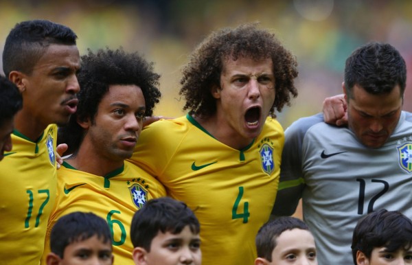 David Luiz getting pumped during Brazil's hymn, in the FIFA World Cup 2014