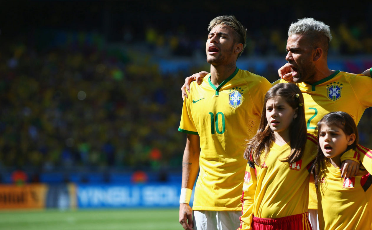 Neymar during the Brazilian National Anthem, in the FIFA World Cup 2014