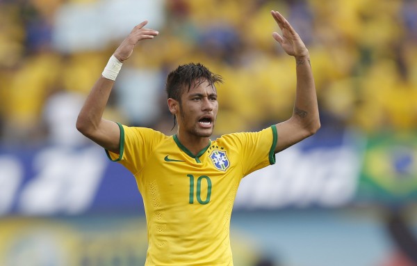 Neymar waving and protesting during a Brazil game