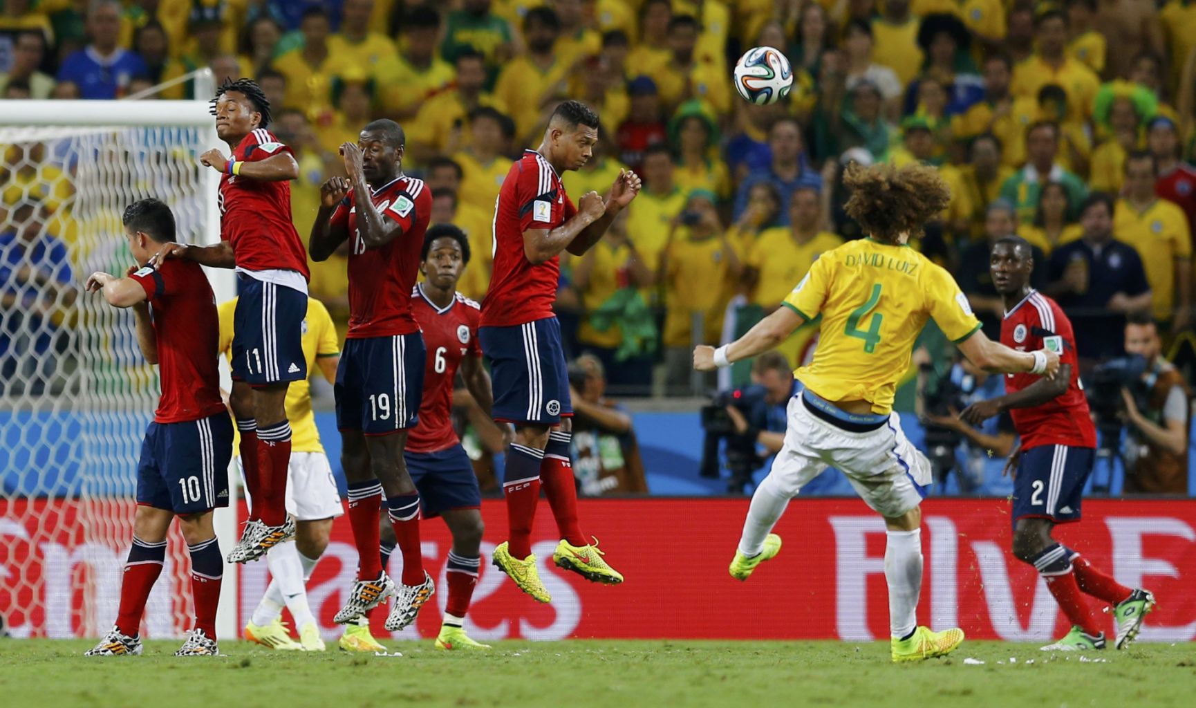 David Luiz free-kick goal, in Brazil vs Colombia, at the FIFA World Cup 2014