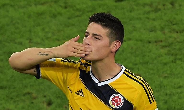 James Rodríguez blowing kisses after scoring in the FIFA World Cup