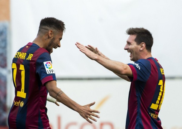 Neymar and Messi celebrating goal together