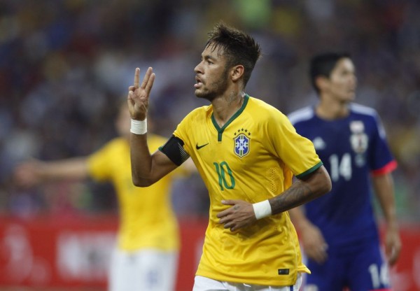Neymar celebrating hat-trick in Japan vs Brazil