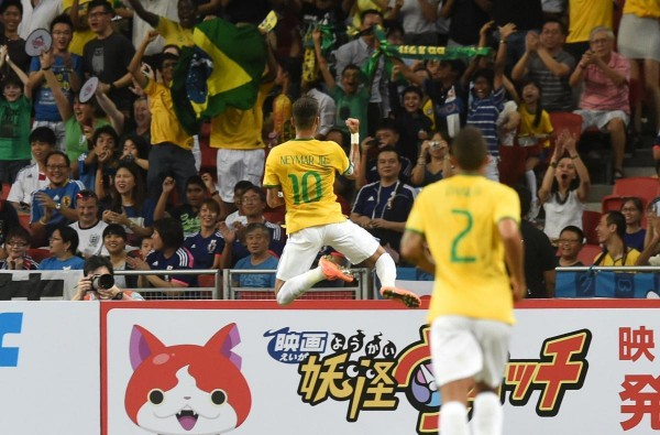 Neymar jumping towards the fans