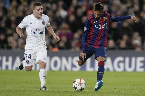 Neymar scoring his goal in Barcelona vs PSG, for the UEFA Champions League
