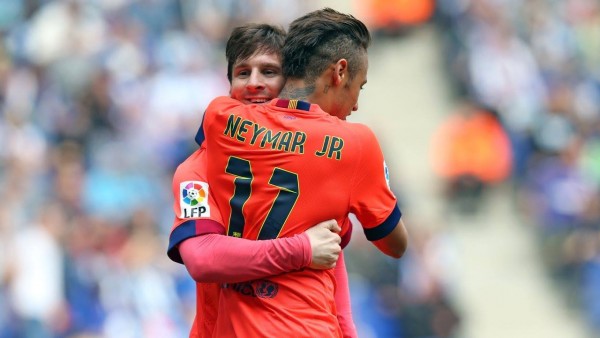 Messi hugging Neymar in Barcelona in 2016