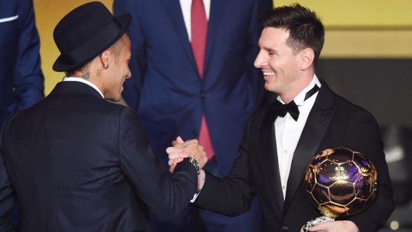 Neymar congratulating Messi on winning his 5th FIFA Ballon d'Or