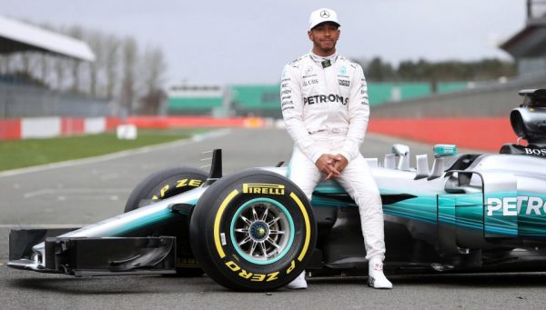 Lewis Hamilton and his Mercedes F1 racing car