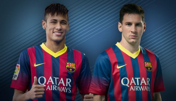 Neymar and Messi wearing the new Barcelona jersey for 2013-2014