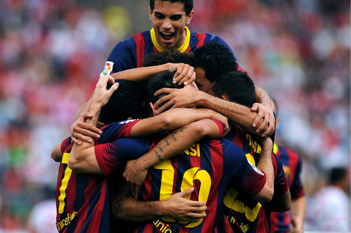 Barcelona players piling up for goal celebrations