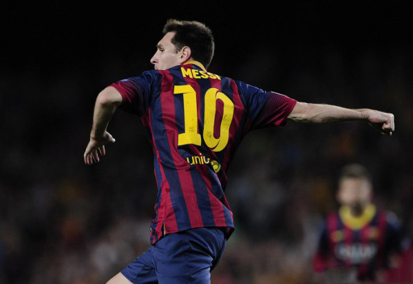 Lionel Messi celebrating his goal and hat-trick against Ajax