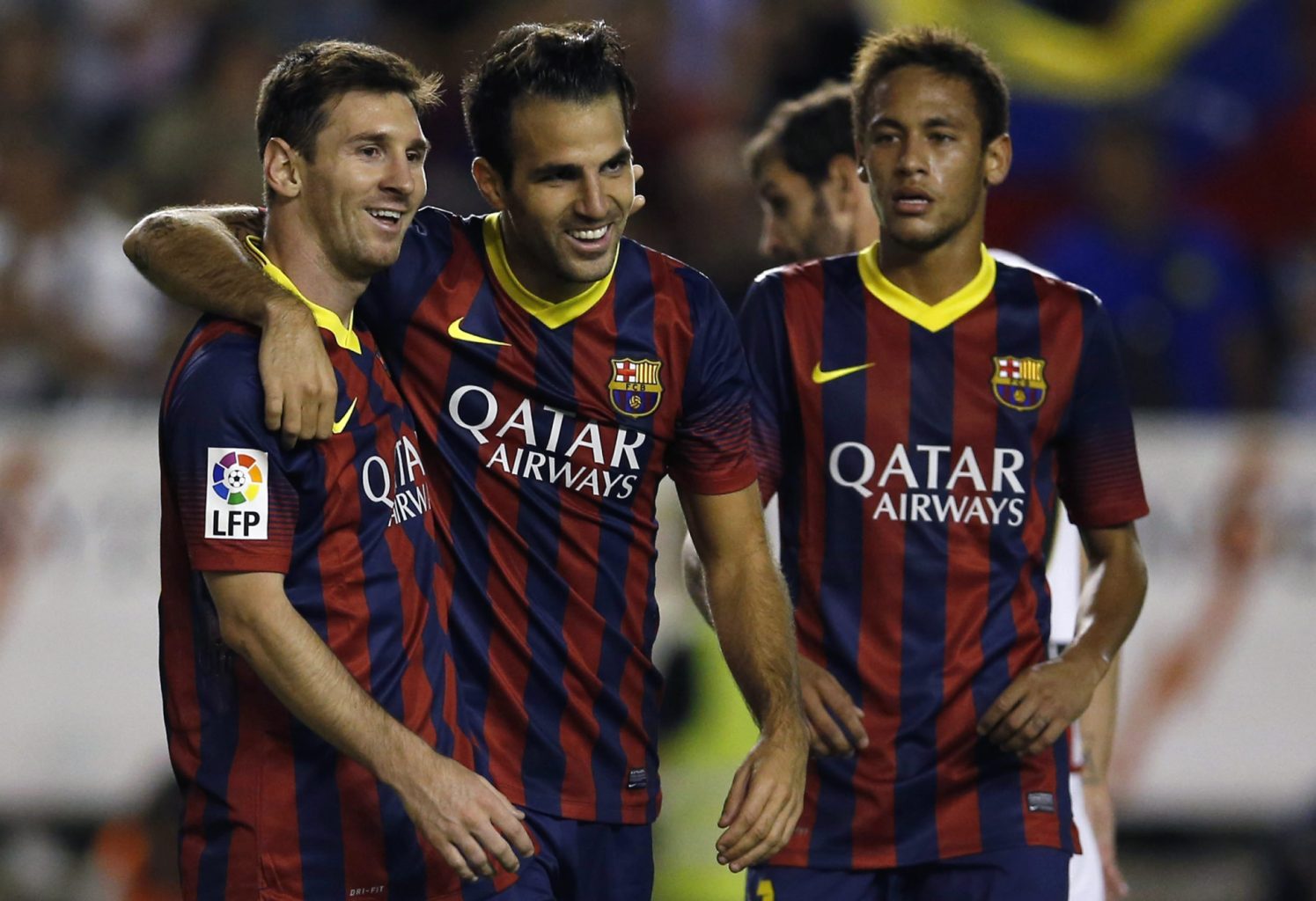 Lionel Messi, Fabregas and Neymar, celebrating Barcelona goal vs Rayo Vallecano