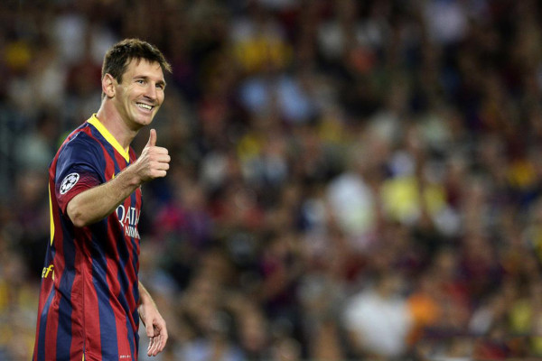 Lionel Messi smile and happiness, after scoring hat-trick for Barcelona in Champions League 2013-2014