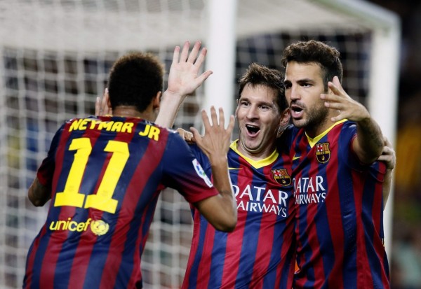 Neymar joining Lionel Messi and Fabregas, in Barcelona goal celebrations