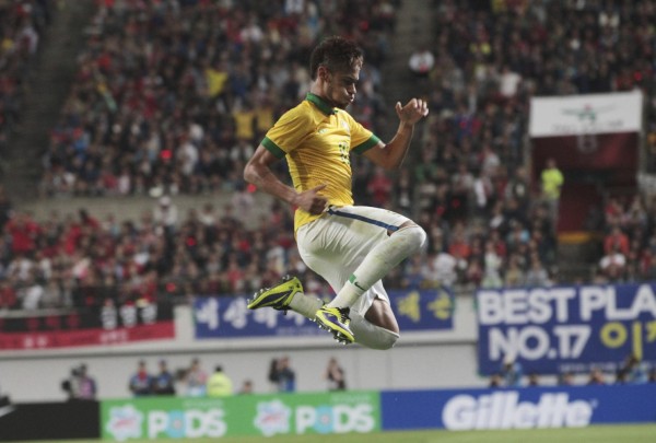 Neymar celebrating goal for Brazil, in international friendly