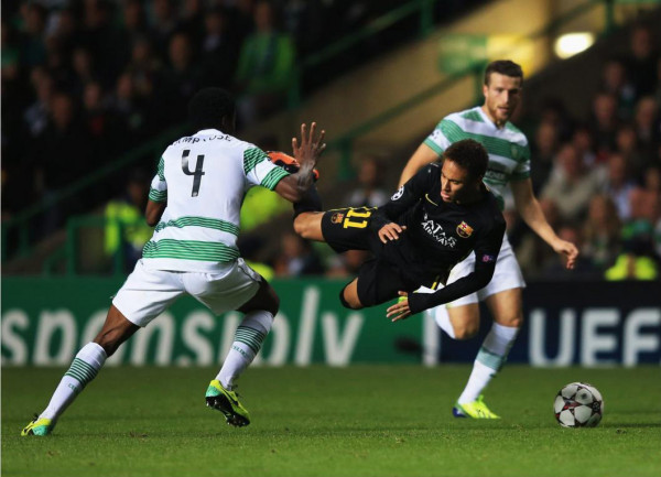 Neymar flying after being hit, in Celtic vs Barça