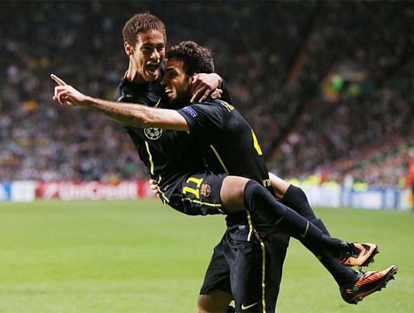 Neymar jumping to Cesc Fabregas lap, in Celtic 0-1 Barcelona