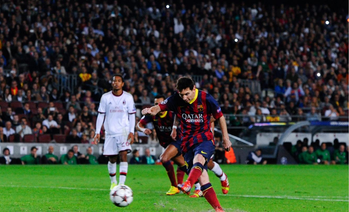 Lionel Messi converting a penalty-kick, in Barcelona 3-1 Milan