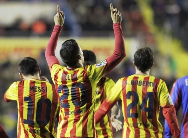 Tello celebrating hat-trick goal in Levante 1-4 Barcelona