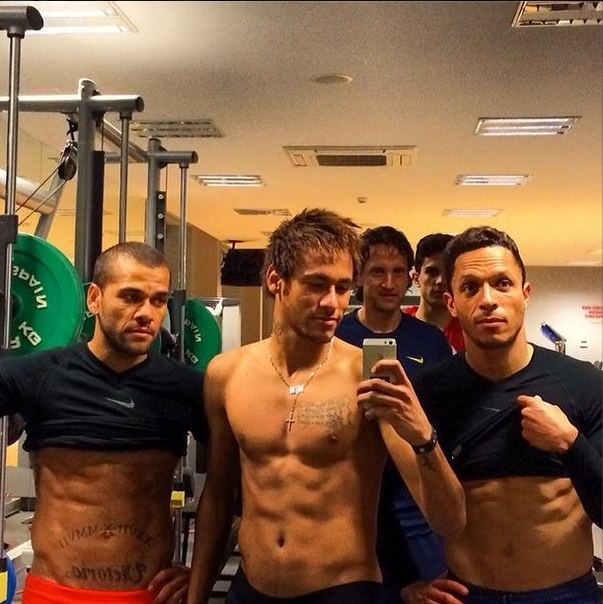 FC Barcelona player Neymar shirtless and showing his abs