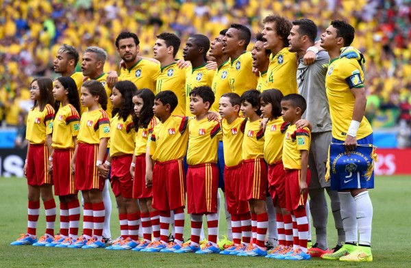 Brazilian players lined up for the National Anthem in the 2014 FIFA World Cup