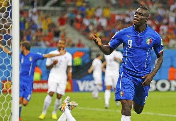 Mario Balotelli goal celebration in Italy vs England, at the FIFA World Cup 2014