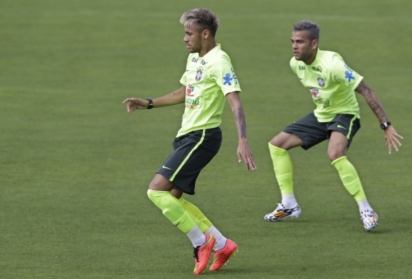 Neymar and Daniel Alves new look, in Brazil's training session in World Cup 2014
