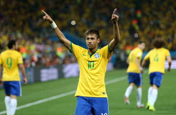 Neymar celebrating his first goal in the World Cup 2014