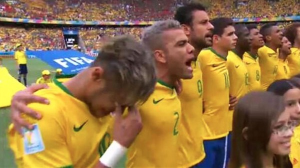 Neymar crying during Brazil's hymn in the FIFA World Cup 2014