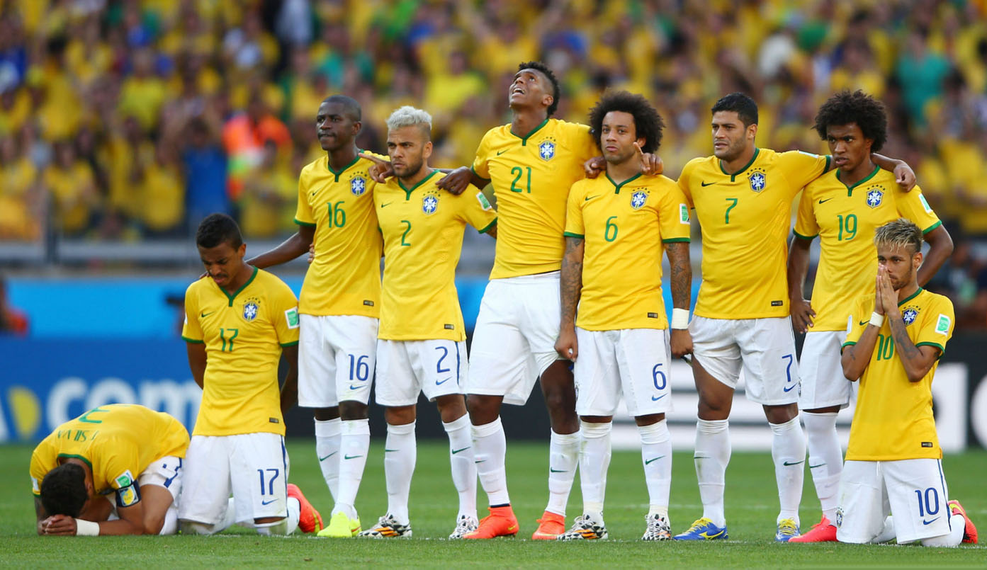 Neymar on his knees, during Brazil's penalty-kick shootout