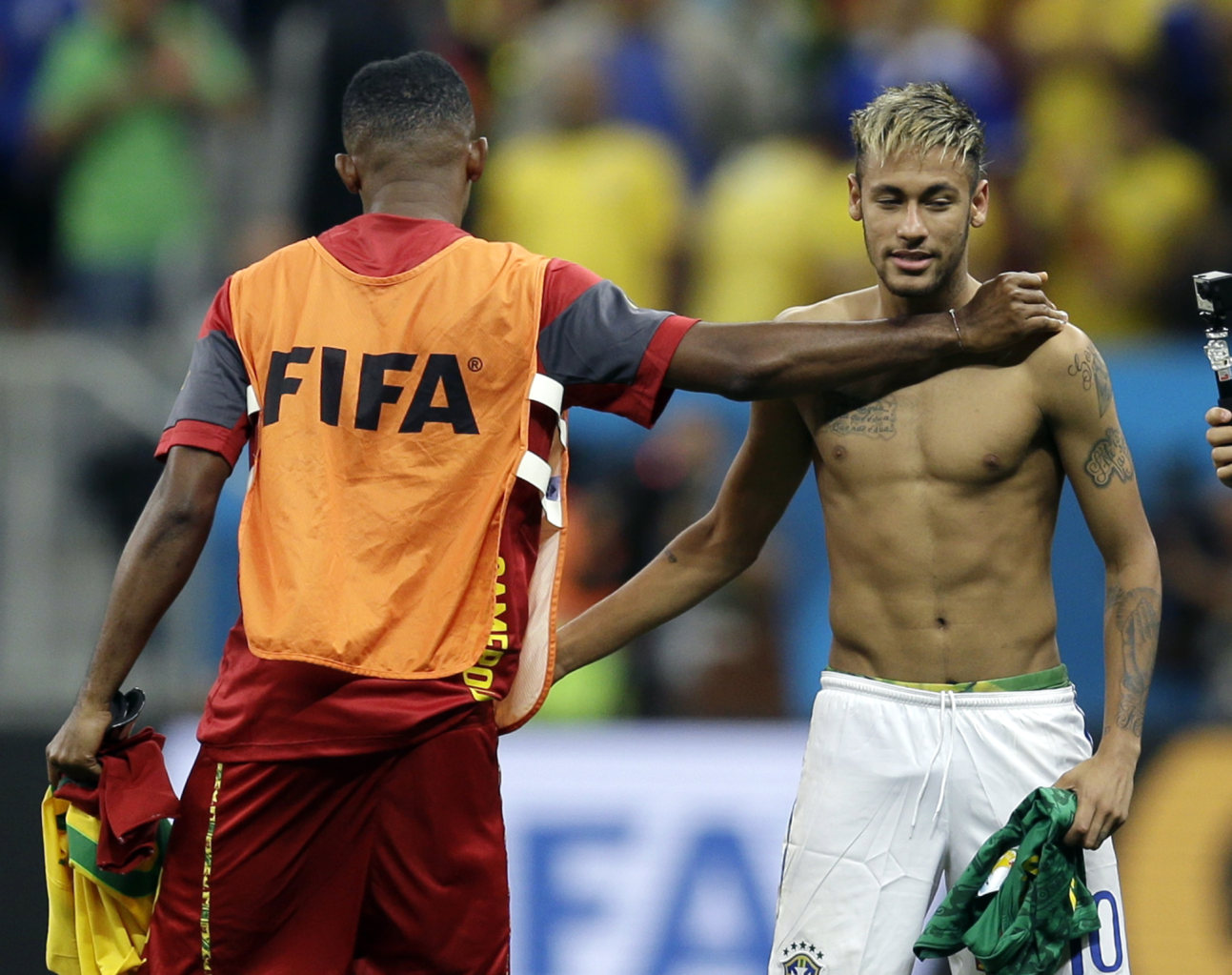 Neymar shirtless after a Brazil game in the 2014 FIFA World Cup