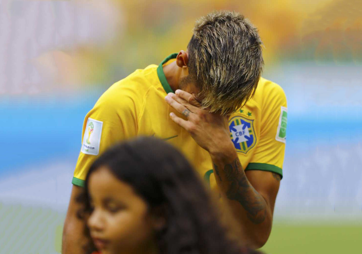 Neymar tears of emotion in the Brazilian National Anthem at the FIFA World Cup 2014