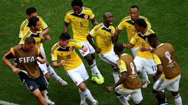 Colombia players dancing celebration after a goal in the 2014 FIFA World Cup