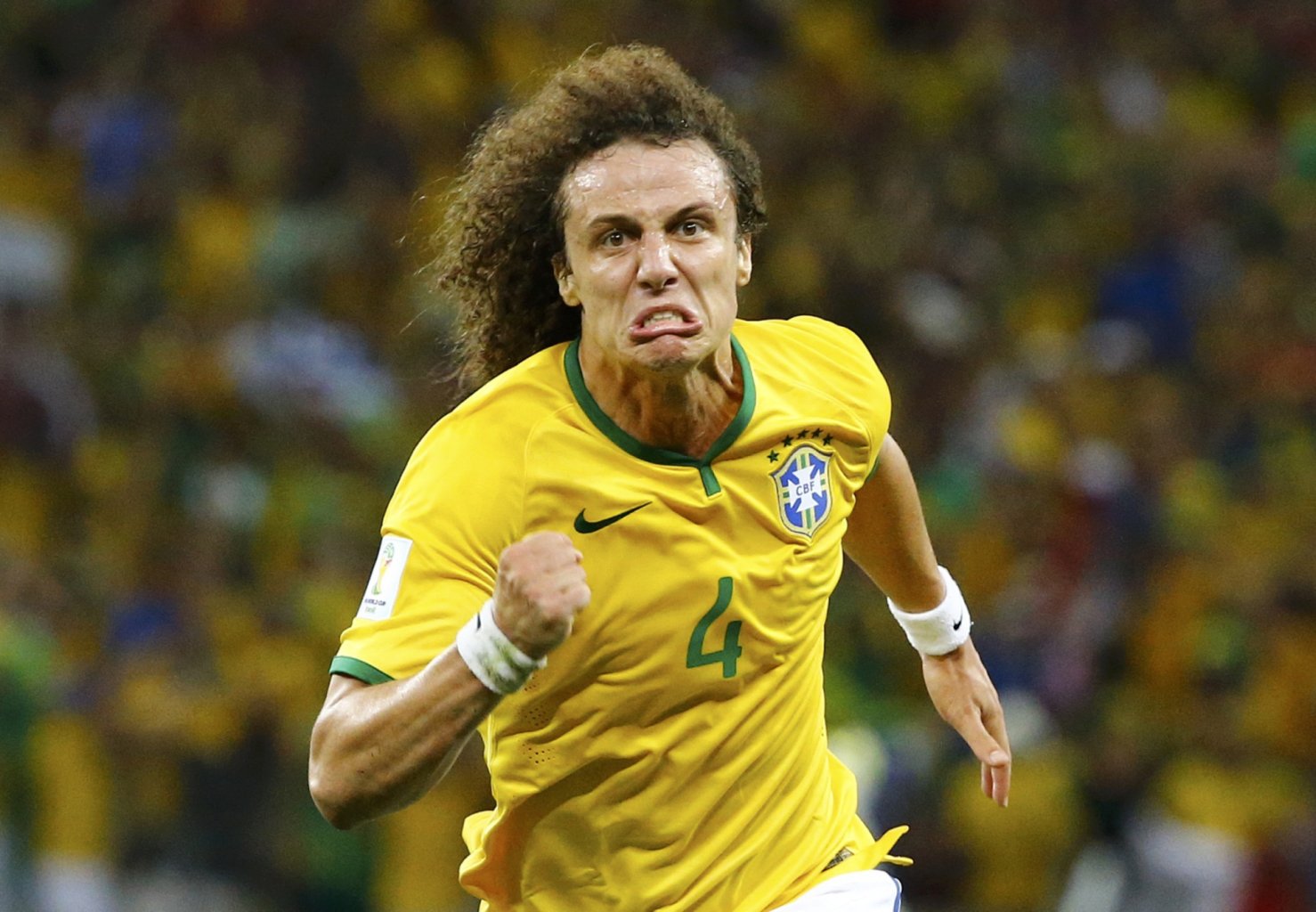 David Luiz goal celebration and crazy face, after scoring in Brazil 2-1 Colombia, in the FIFA World Cup 2014