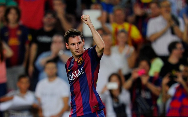 Lionel Messi celebrating his first goals for Barça in 2014-15