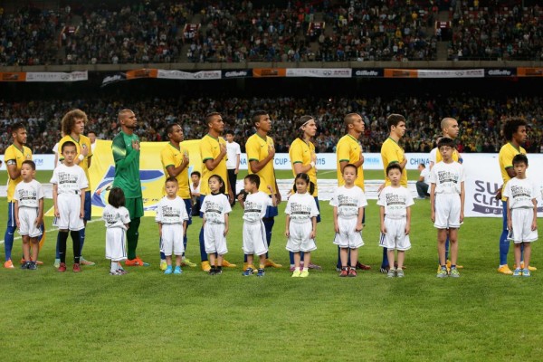 Brazil players during their national anthem in Beijing, China
