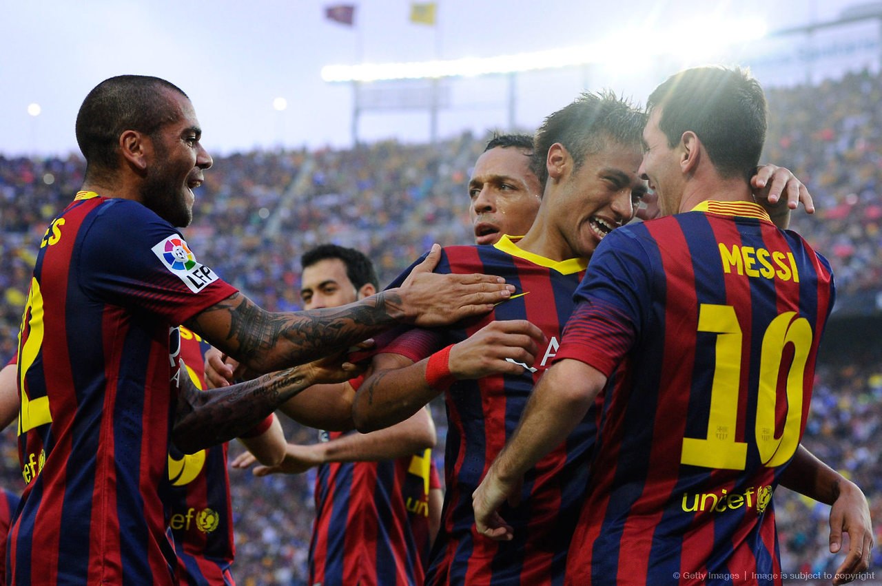 Messi and Neymar in a FC Barcelona goal celebration