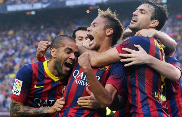 Neymar celebrating goal near the corner-kick flag