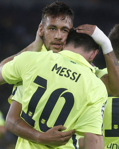 Neymar comforting Messi after a UEFA Champions League game