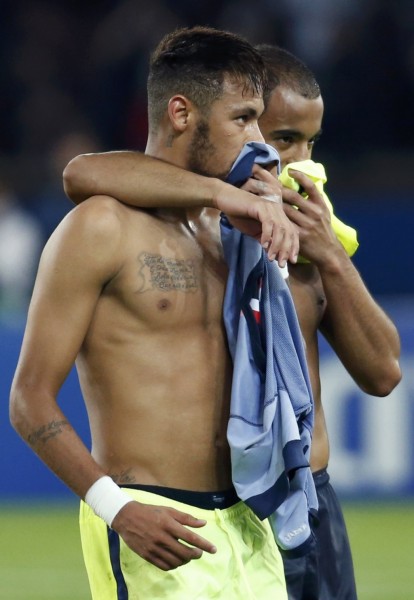 Neymar shirtless after a Barcelona game was over