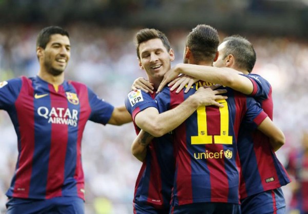Suárez, Messi and Neymar celebrating Barcelona goal in the Clasico